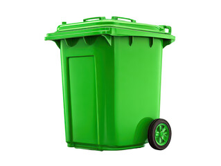 Green plastic trash can with wheels