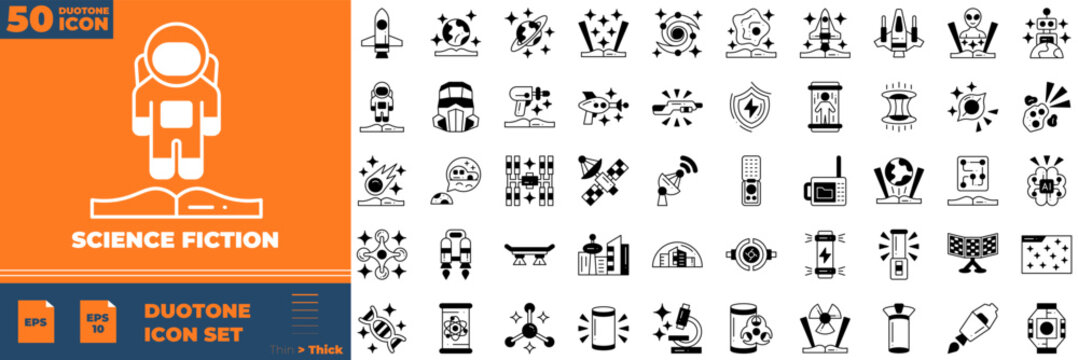 Science fiction Duotone Editable Icons set. Vector illustration in modern thin duotone style of sicence fiction icons: alien, asteroid, corner, city, etc