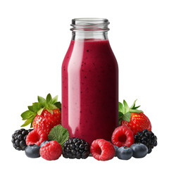 Vibrant berry smoothie splashing from glass bottle, surrounded by fresh fruits and mint, isolated on white transparent background, concept of freshness