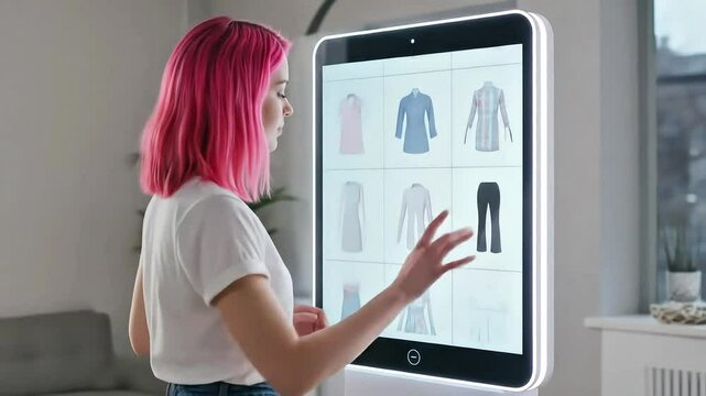 Young woman interacting with a digital display for virtual clothing fitting in a modern living room