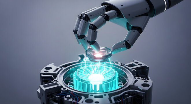 A robotic arm delicately places a high-tech chip onto an illuminated futuristic machine, signifying artificial intelligence and cutting-edge technology.