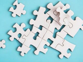 Fototapeta premium White Jigsaw Puzzle Pieces on Blue Background Incomplete Puzzle Solution Concept