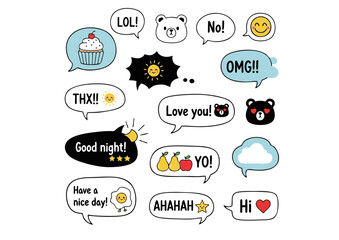 Collection of Cute Cartoon Speech Bubbles with Various Emoticons and Text.