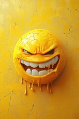 Creative wall art featuring a smiling and mischievous emoji with a cracked, yellow exterior showcasing expressive features