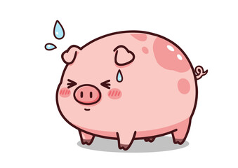 Fototapeta premium Cute Pink Pig Cartoon Character Sweating Annoyed Expression Round Body Small Legs.
