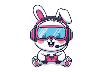 Adorable Gamer Bunny Rabbit with Pink Headset and Goggles Playing Video Games.