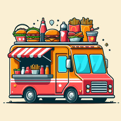 Cartoonish, colorful depiction of a food truck topped with various fast food items.  The design style is modern and simple.
