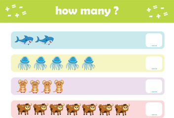 Count and match activity page for kids with cute wild animals. Elementary math for preschool and kindergarten. Vector illustration