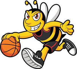 Cartoon Bee Playing Basketball Front View, Athletic Insect Mascot Illustration, Fun Sports Character Design, Energetic Action Pose, Vector Artwork Concept