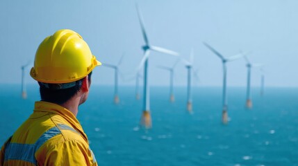 Worker in Yellow Helmet Observing Offshore Wind Turbines Against Blue Sky and Ocean Background