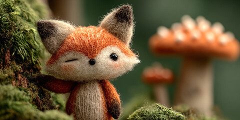 Obraz premium Cute felted fox winking in a whimsical forest with mushrooms Handmade wool toy animal in a miniature woodland scene Concept of childhood, craft, and nature