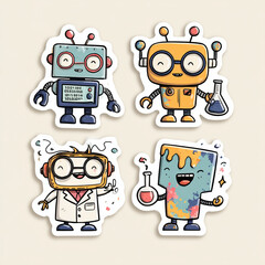 A fun set of cute, retro cartoon robot character vector illustrations