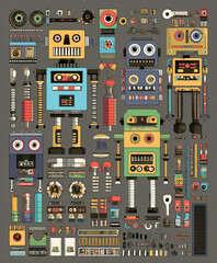A fun set of cute, retro cartoon robot character vector illustrations