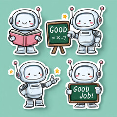 A fun set of cute, retro cartoon robot character vector illustrations