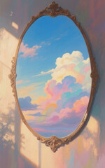 Surreal Mirror Reflection of Dreamlike Pastel Clouds Against a Serene Sky, Merging Nature, Fantasy, and Whimsical Beauty for Creative and Inspirational Use
