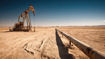 Rusted Oil Pumpjack and Pipeline in Arid Desert Landscape