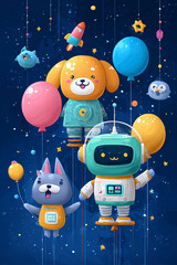 A fun set of cute, retro cartoon robot character vector illustrations