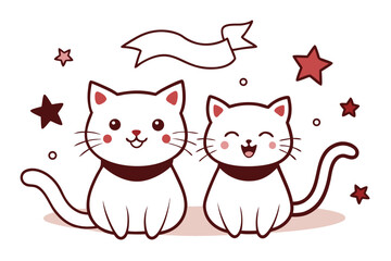 Charming illustration of playful cats adorned with celestial stars and festive ribbons