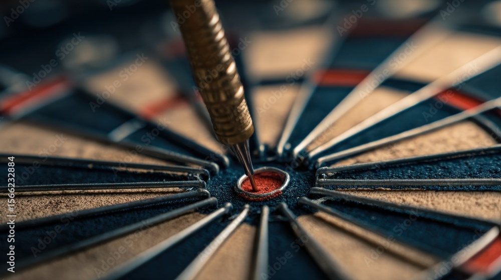 Poster close-up view of dart hitting bullseye on dartboard, precision and focus in competitive game environ