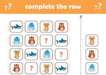 Education game for children complete the pattern. Cute wIld animals. Vector Illustration