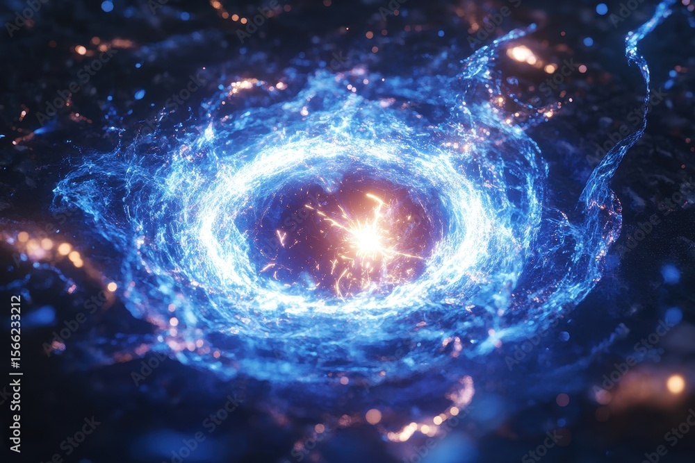 Poster blue magic energy particles creating a swirling dynamic wave pattern in a dark, vibrant setting, blu