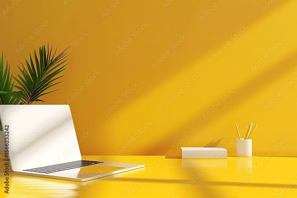 Poster a yellow table with a yellow background with a number of scissors and a ruler
