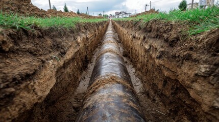 Underground Pipeline Installation in a Trench Surrounded by Soil and Grass in a Rural Landscape