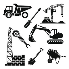 Construction Equipment Icons Excavator, Crane, Truck, and More