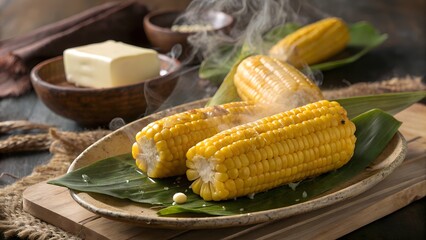 Boiled Corn On The Cob Served With Butter On A Leaf Plate, Ai Generated