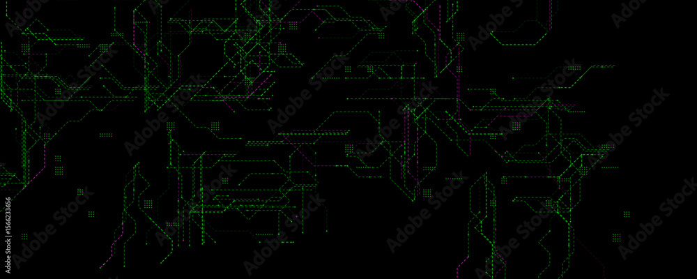 Aufkleber glowing tech grid with green and purple lines. abstract digital circuit background for hacking, cybe