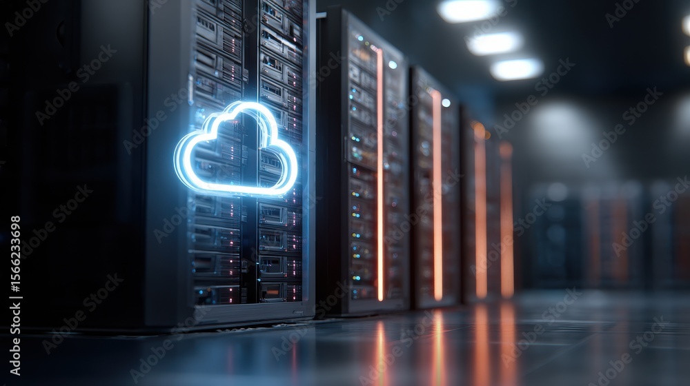 Poster modern data center with cloud symbol and server racks for technology and it services