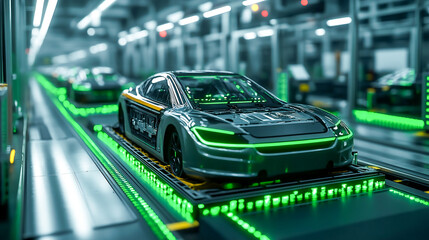Fototapeta premium Digitalization concept in the car factory industry with automated robot arm assembly lines manufacturing high-tech green energy electric vehicles AI computer vision analyzes and scans