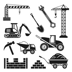 Construction Equipment Icons  Heavy Machinery, Tools & Building Materials Set