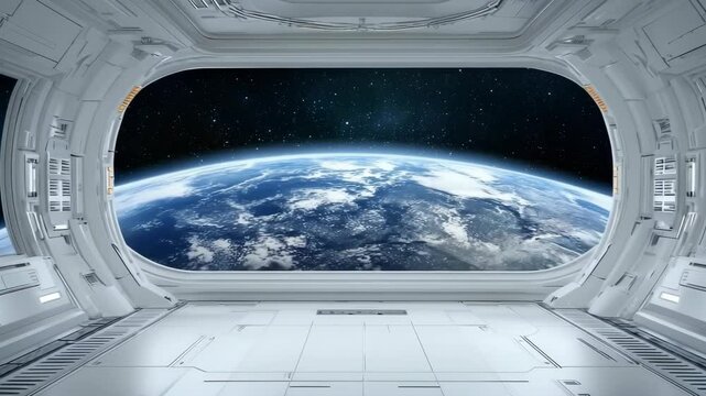 View from a spaceship window, showcasing Earth and stars, illustrating space travel and exploration, highlighting technology and future.