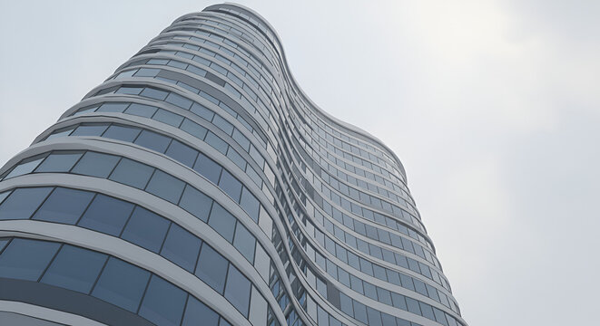 Modern architecture: Curvilinear skyscraper soars against a cloudy sky backdrop