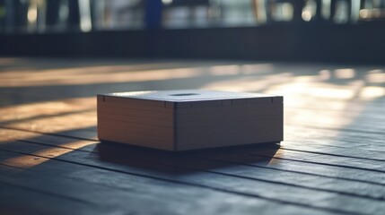 Square box rests on a wooden surface.