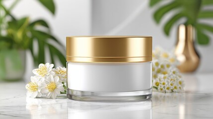 Elegant Moisturizer Jar with Gold Lid Surrounded by Flowers and Greenery on Marble Surface