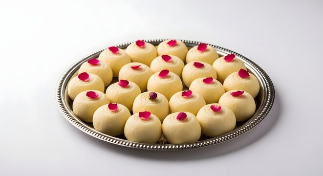 Delicious Traditional Indian Chenna Milk Sweets like Ras Malai or Sandesh Arranged on a Silver Plate and Garnished with Fresh Rose Petals Against a Clean White Background, Perfect for Festivals.