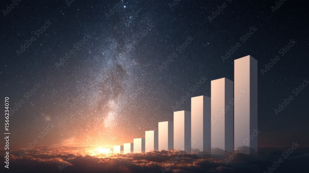 Poster soaring growth graph against starry sky with cloudscape at dawn illuminating progress and success in