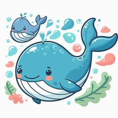 Obraz premium Two cartoon whales, one large and one small, are depicted in a cheerful underwater setting. Water, bubbles, and splashes add to the playful atmosphere.