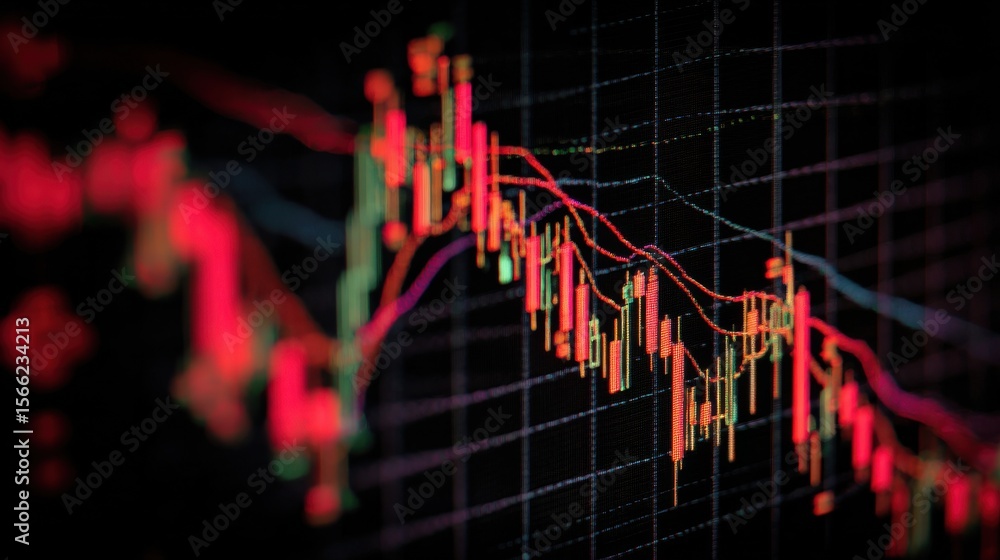 Poster stock market decline visualized through red candlestick chart on black background with grid overlay