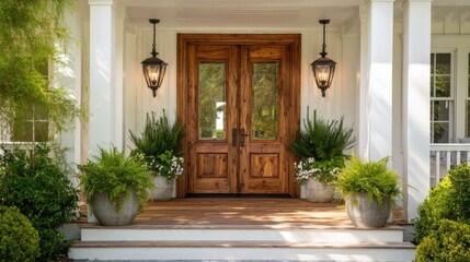 Elegant Front Door with Wooden Double Doors Surrounded by Lush Greenery and Stylish Lanterns