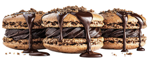 Three decadent chocolate macarons drizzled with rich chocolate