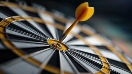 Close-up View of Dart Hitting the Bullseye on Dartboard with Black and Yellow Design