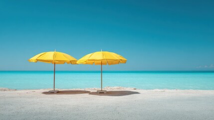 Bright Yellow Beach Umbrellas on a Tranquil Seashore with Clear Blue Sky and Aqua Water
