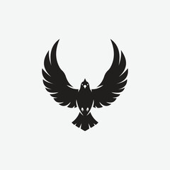 Stylized black bird silhouette logo with wings spread in a bold, abstract form. Minimalist and symmetrical design on white background. Perfect for branding, tattoo, or decor.