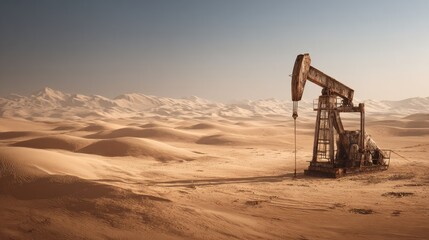 Rusty Oil Pump in a Vast Desert Landscape