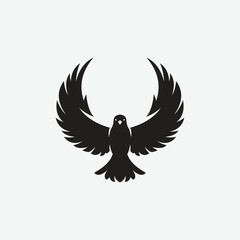 Stylized black bird silhouette logo with wings spread in a bold, abstract form. Minimalist and symmetrical design on white background. Perfect for branding, tattoo, or decor.