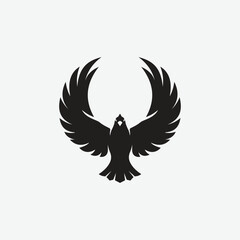 Stylized black bird silhouette logo with wings spread in a bold, abstract form. Minimalist and symmetrical design on white background. Perfect for branding, tattoo, or decor.