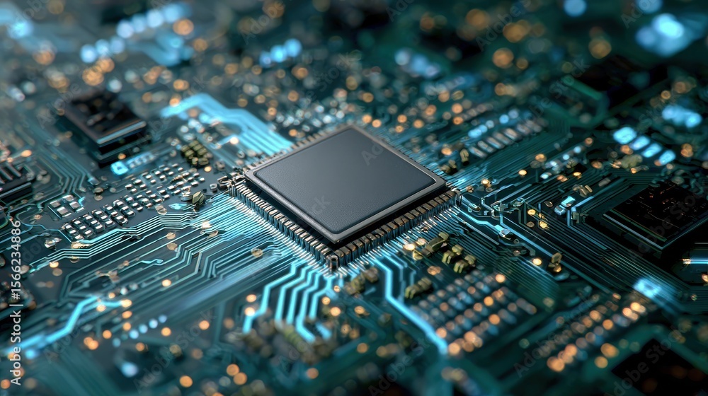 Poster close-up of a central processing unit on a complex circuit board with lush blue and gold electrical 